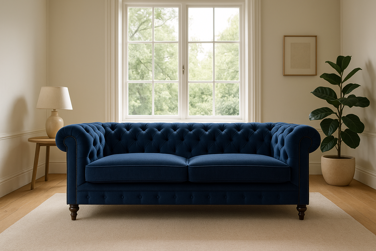 Hoe bepaal je de juiste afmeting voor een blauwe Chesterfield sofa in jouw woonkamer?